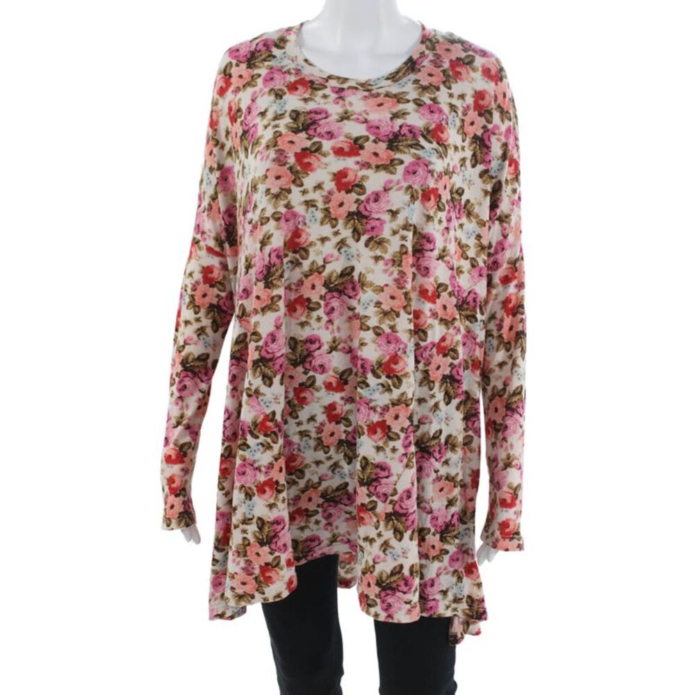 Mumu Mellow Womens Tunic Blouse White Long Sleeve Floral Round Neck Size S